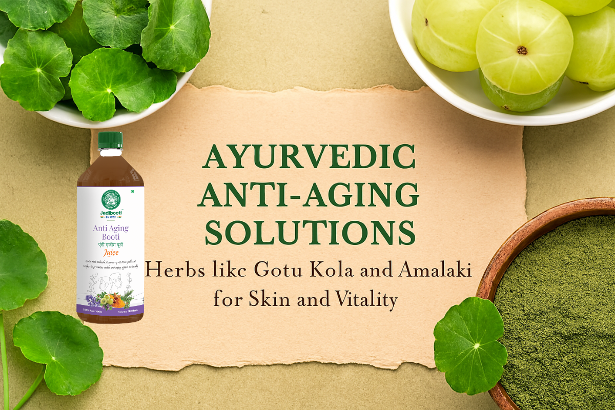 Ayurvedic anti-aging herbs Gotu Kola leaves and Amalaki fruits arranged with powders on natural background